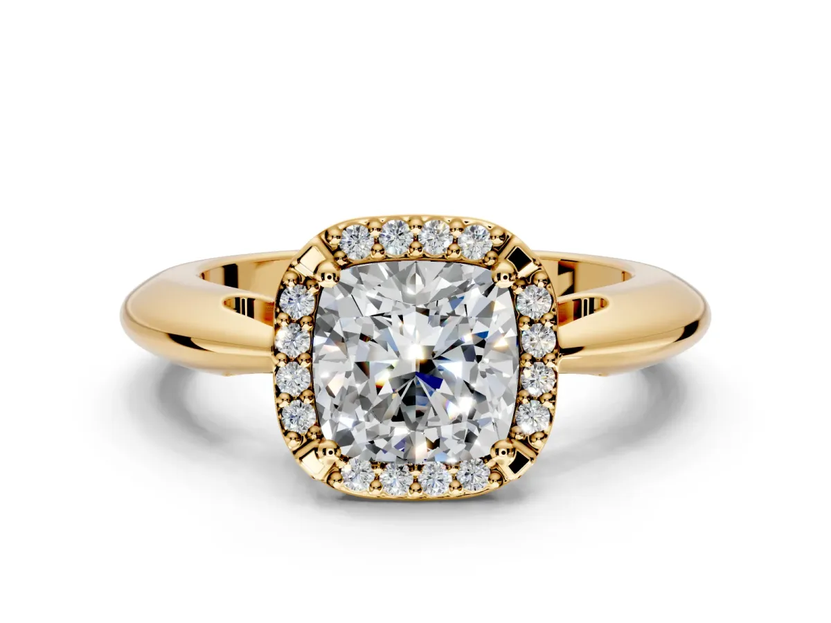 Halo Engagement Ring Setting for Cushion Cut Center with Tapered Plain Band and Prong Head in Yellow Gold