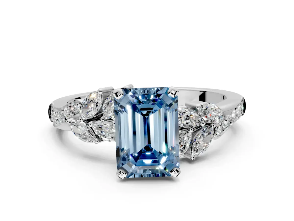 Solitaire Engagement Ring Setting for Fancy Blue Emerald Cut Center with Marquise Accent Twist Band and Prong Head in Platinum