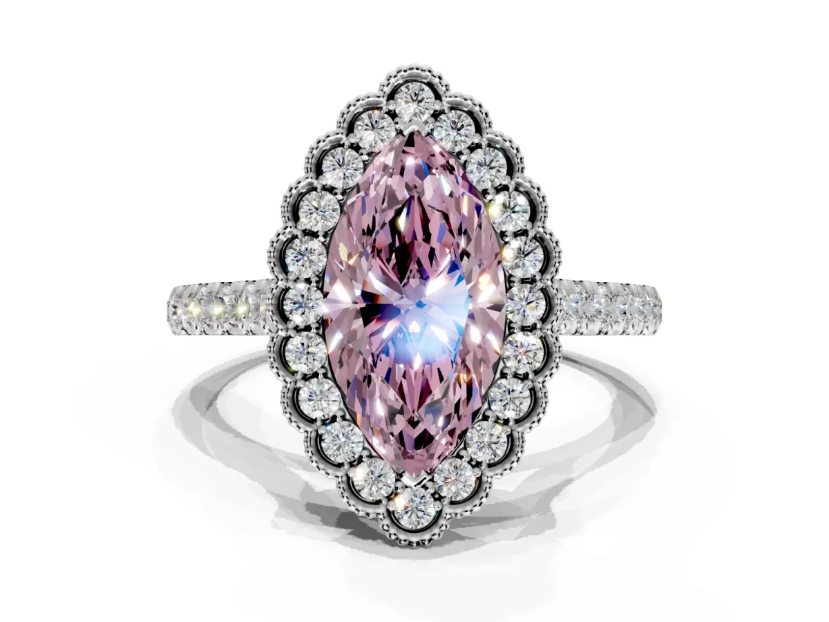 Milgrain Floral Halo Engagement Ring Setting for Fancy Pink Marquise Center with Pave Band and Prong Head in Platinum