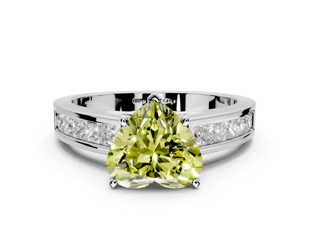Solitaire Engagement Ring Setting for Fancy Yellow Heart-Shaped Center with Princess Cut Channel Band and Prong Head in Platinum