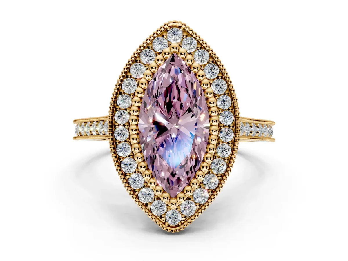 Halo Engagement Ring Setting for Fancy Pink Marquise Center with Milgrain Frame, Pave Band and Prong Head in Yellow Gold