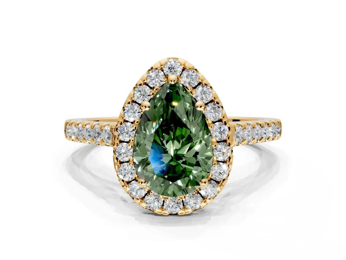 Halo Engagement Ring Setting for Fancy Green Pear-Shaped Center with Narrowing Pave Band and Prong Head in Yellow Gold