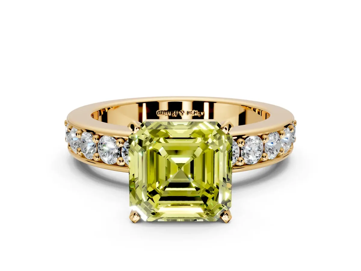 Solitaire Engagement Ring Setting for Fancy Yellow Asscher Cut Center with Channel-Set Accents and Prong Head in Yellow Gold