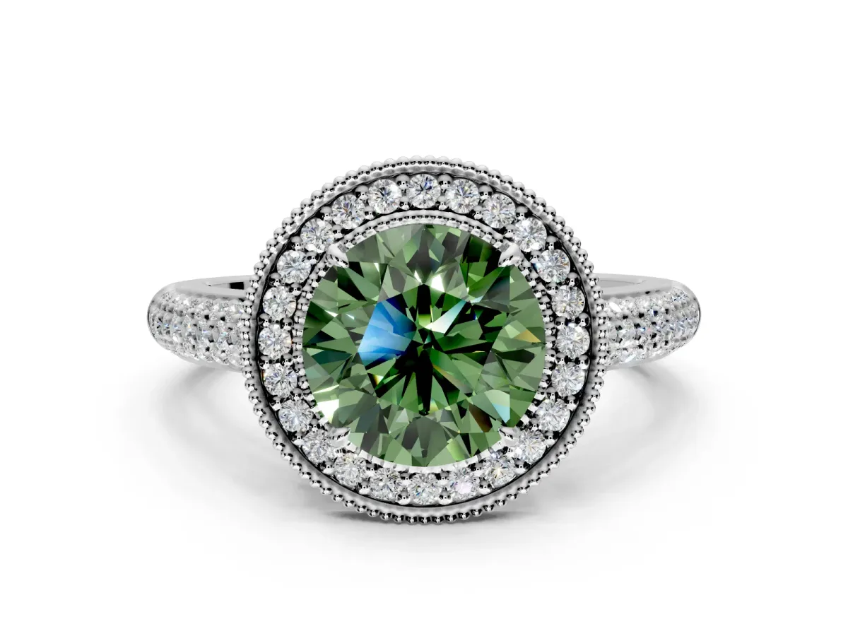 Milgrain Halo Engagement Ring Setting for Fancy Green Round Cut Center with Three-Sided Pave Band and Prong Head in White Gold