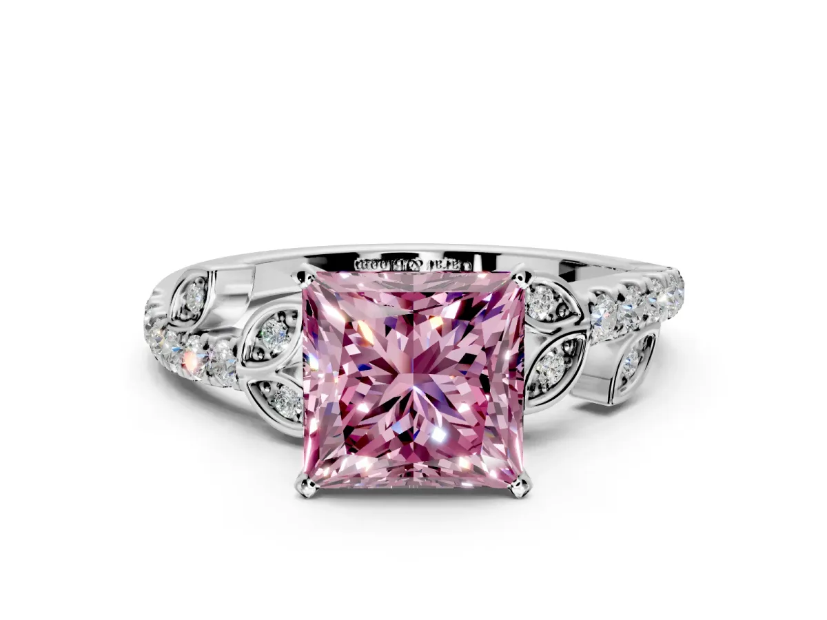 Leaf Motif Engagement Ring Setting for Fancy Pink Princess Cut Center with Pave Band and Prong Head in White Gold