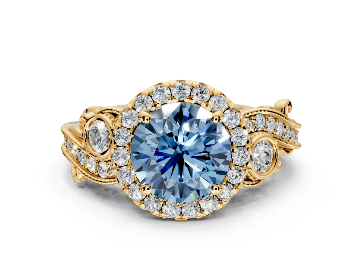 Milgrain Halo Engagement Ring Setting for Fancy Blue Round Cut Center with Shoulder Bezels and Prong Head in Yellow Gold