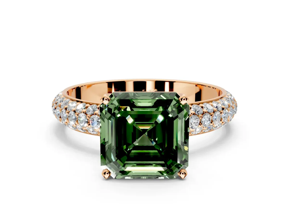 Solitaire Engagement Ring Setting for Fancy Green Asscher Cut Center with Domed Multi-Row Pave Band and Prong Head in Rose Gold