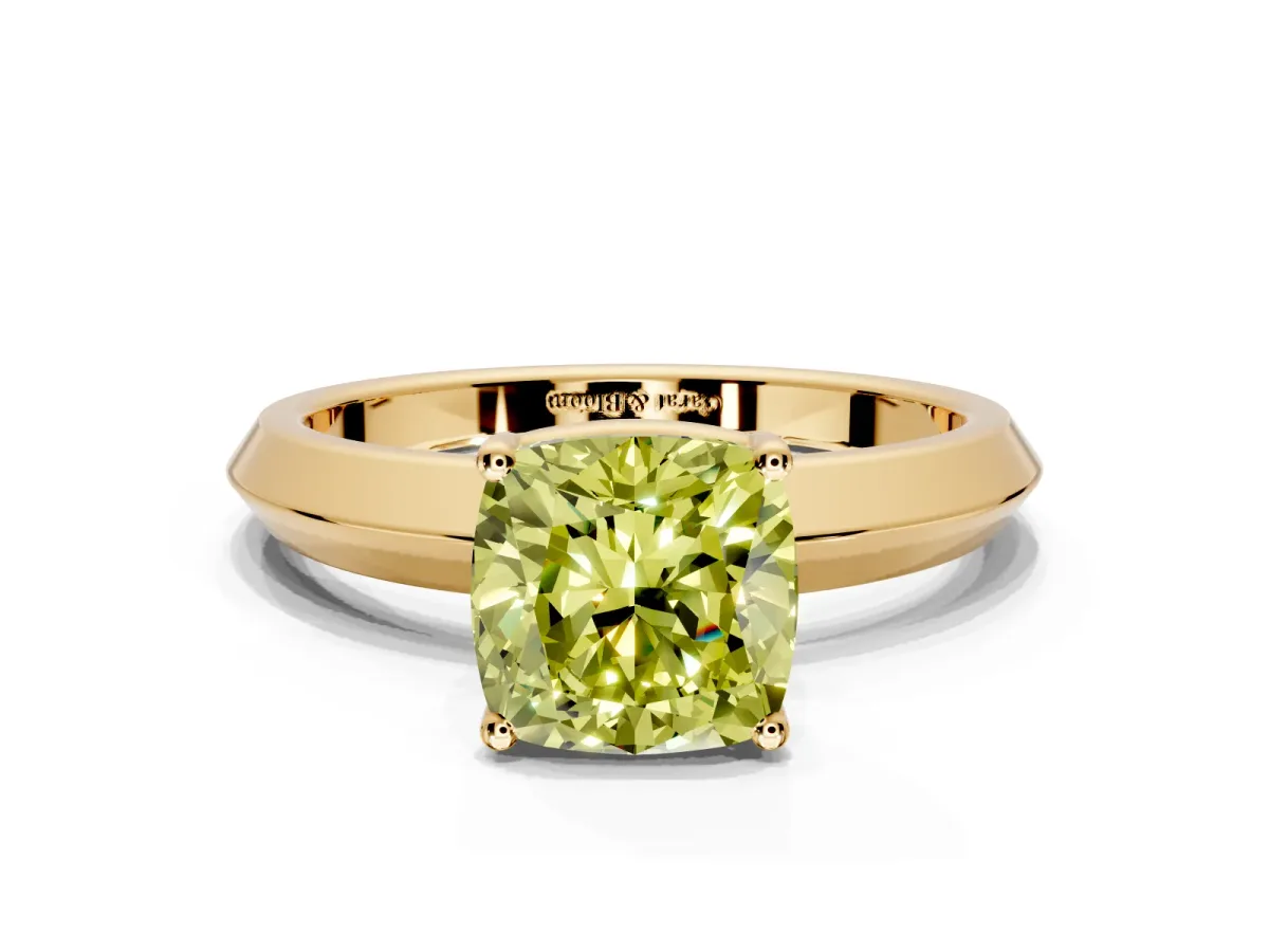 Solitaire Engagement Ring Setting for Fancy Yellow Cushion Cut Center with Wide Knife Ridge Band and Prong Head in Yellow Gold