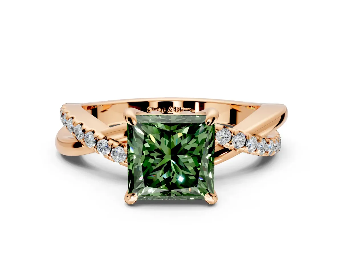 Solitaire Engagement Ring Setting for Fancy Green Princess Cut Center with Half-Pave Crossover Band and Prong Head in Rose Gold
