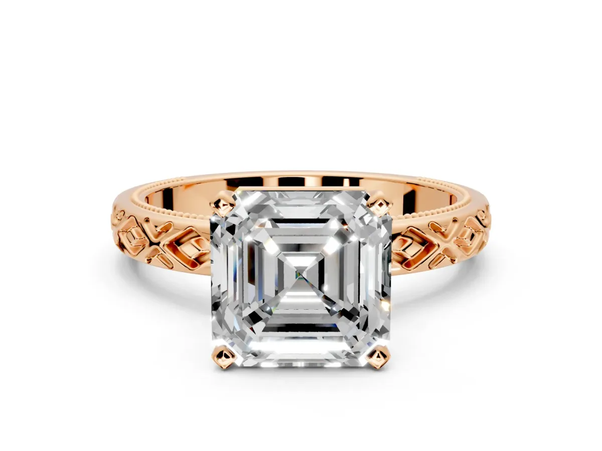 Solitaire Engagement Ring Setting for Asscher Cut Center with Milgrain X Pattern Band and Prong Head in Rose Gold