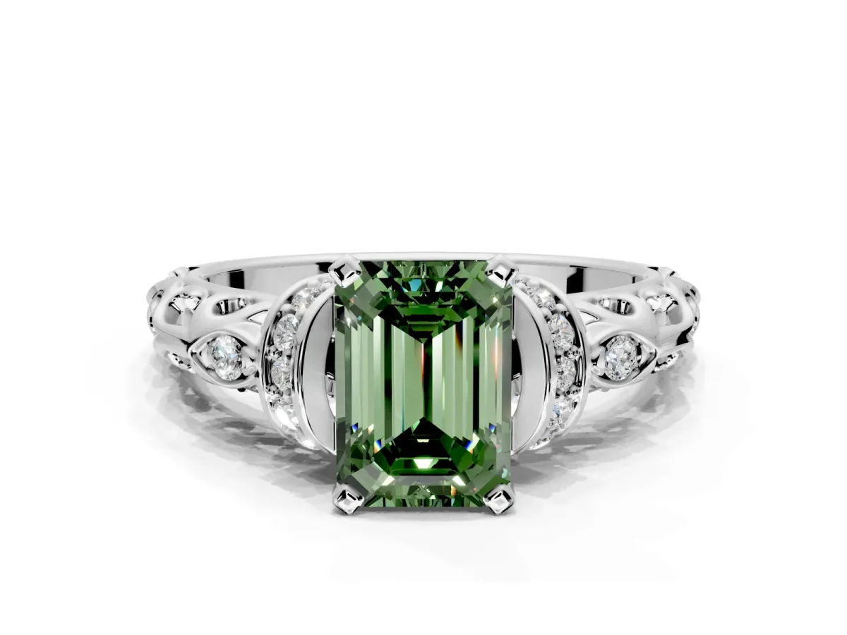 Solitaire Engagement Ring Setting for Fancy Green Emerald Cut Center with Filigree Band and Prong Head in Platinum