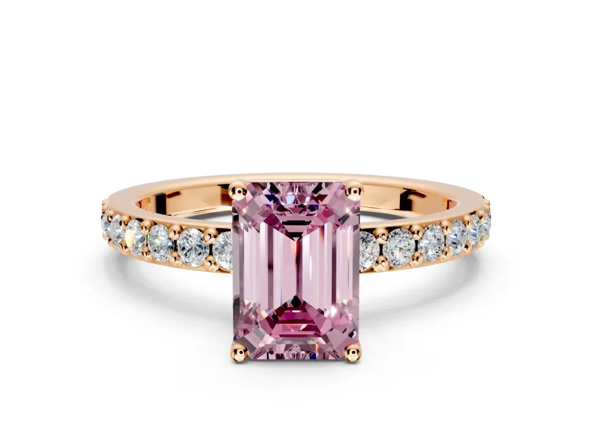 Solitaire Engagement Ring Setting for Fancy Pink Emerald Cut Center with Round Cut Pave Band and Prong Head in Rose Gold