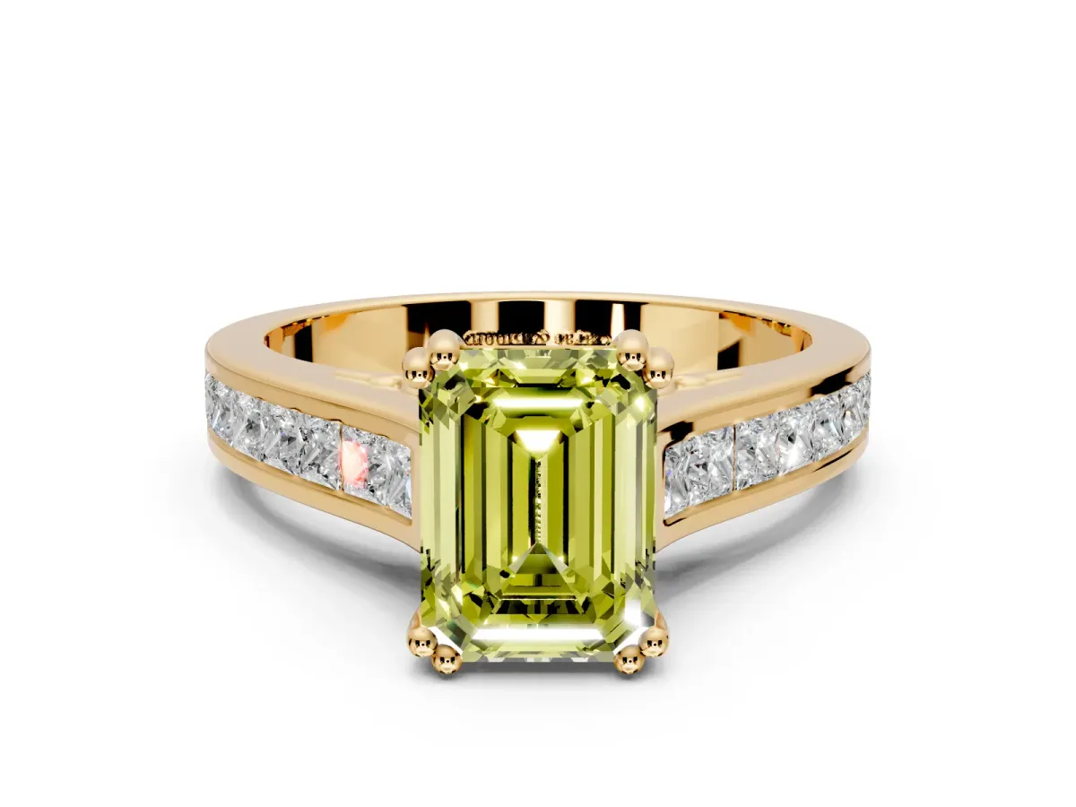 Solitaire Engagement Ring Setting for Fancy Yellow Emerald Cut Center with Channel Band and Double Claw Prong Head in Yellow Gold