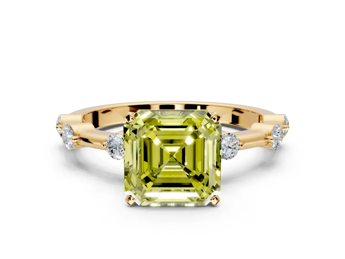 Solitaire Engagement Ring Setting for Fancy Yellow Asscher Cut Center with Bezel Station Band and Prong Head in Yellow Gold