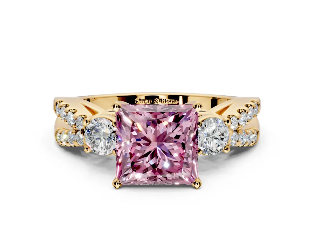 3 Stone Engagement Ring Setting for Fancy Pink Princess Cut Center with Pave Split Shank and Prong Head in Yellow Gold