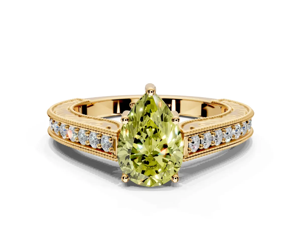 Solitaire Engagement Ring Setting for Fancy Yellow Pear-Shaped Center with Engraved Pave Band and Prong Head in Yellow Gold