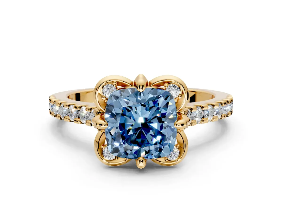 Floral Engagement Ring Setting for Fancy Blue Cushion Cut Center with Pave Band and Floral Prong Head in Yellow Gold