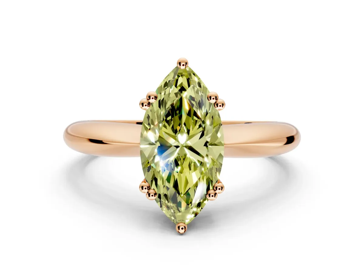 Solitaire Engagement Ring Setting for Fancy Yellow Marquise Center with Reverse Tapered Band and Prong Head in Rose Gold