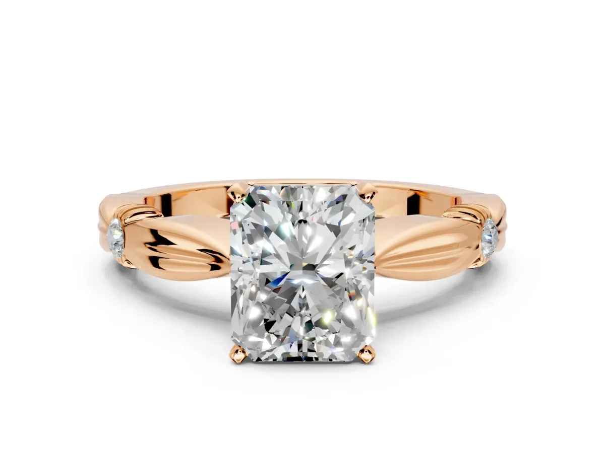 Solitaire Engagement Ring Setting for Radiant Cut Center with Carved Leaf Shoulders and Prong Head in Rose Gold