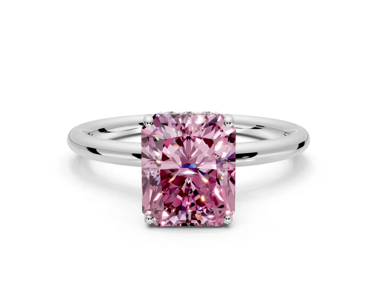 Solitaire Engagement Ring Setting for Fancy Pink Radiant Cut Center with Plain Band, Open Basket and Prong Head in Sterling Silver
