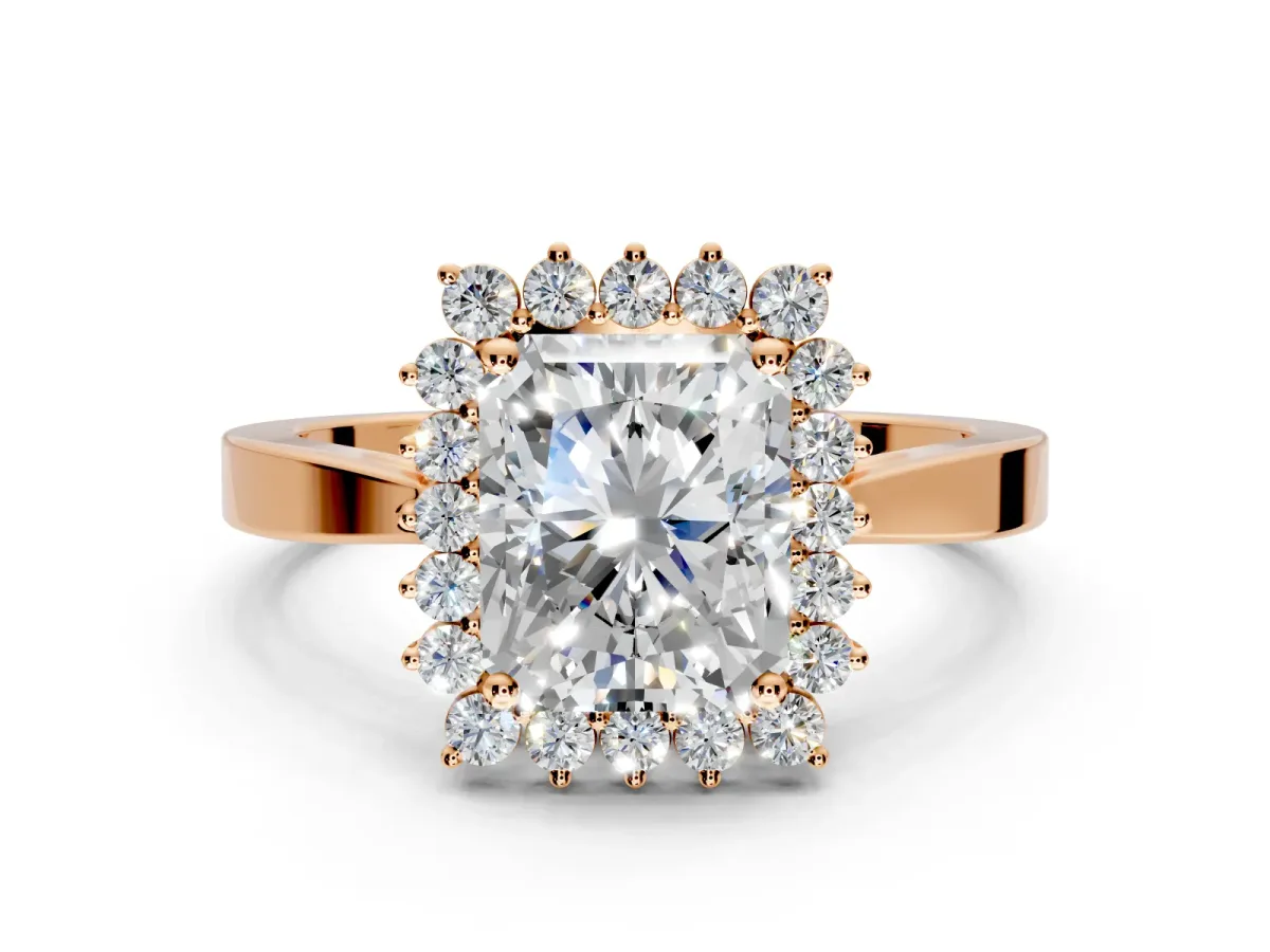 Starburst Halo Engagement Ring Setting for Radiant Cut Center with Flat Cathedral Band and Prong Head in Rose Gold