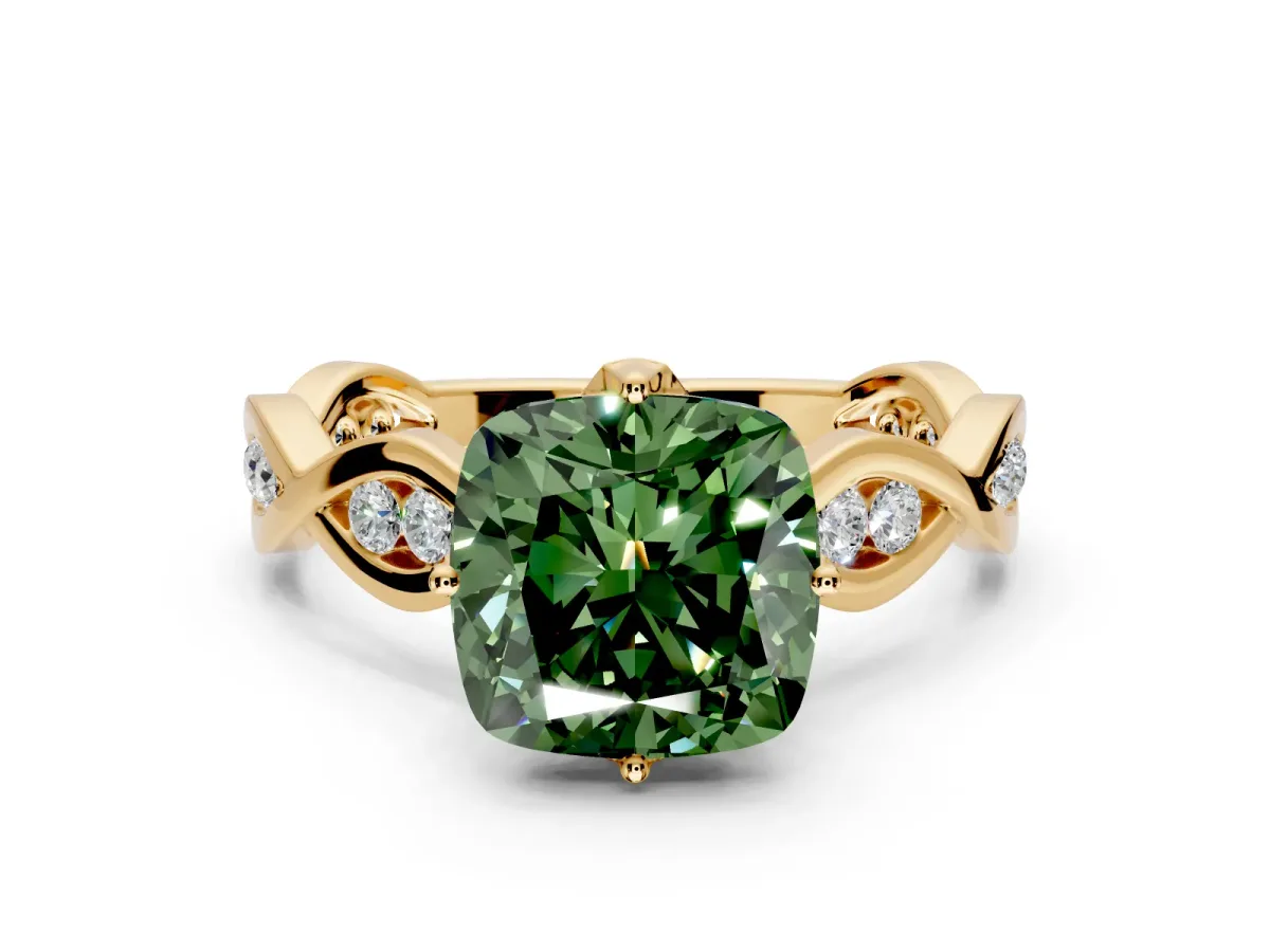 Solitaire Engagement Ring Setting for Fancy Green Cushion Cut Center with Accented Twist Band and Leaf Prong Head in Yellow Gold