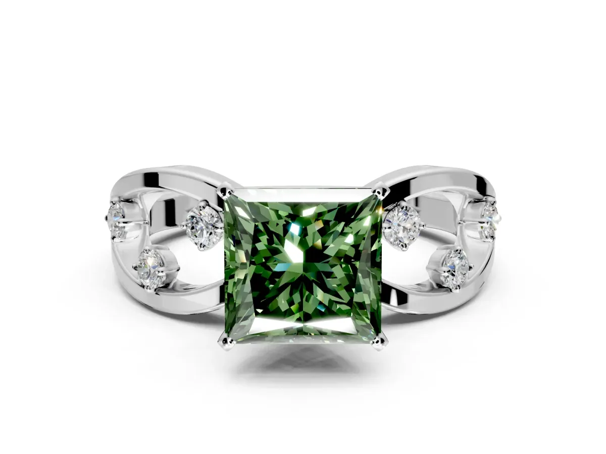 Solitaire Engagement Ring Setting for Fancy Green Princess Cut Center with Criss-Cross Accent Band and Prong Head in Sterling Silver