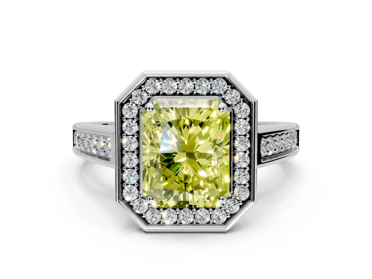 Halo Engagement Ring Setting for Fancy Yellow Radiant Cut Center with Outer Bezel Rim, Pave Band and Prong Head in Platinum