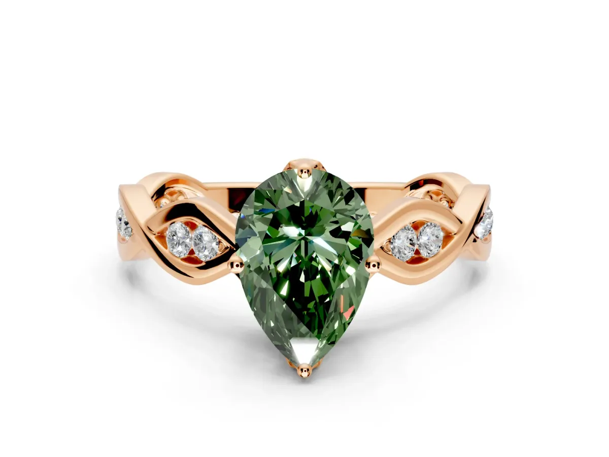 Solitaire Engagement Ring Setting for Fancy Green Pear-Shaped Center with Accented Twist Band and Leaf Prong Head in Rose Gold
