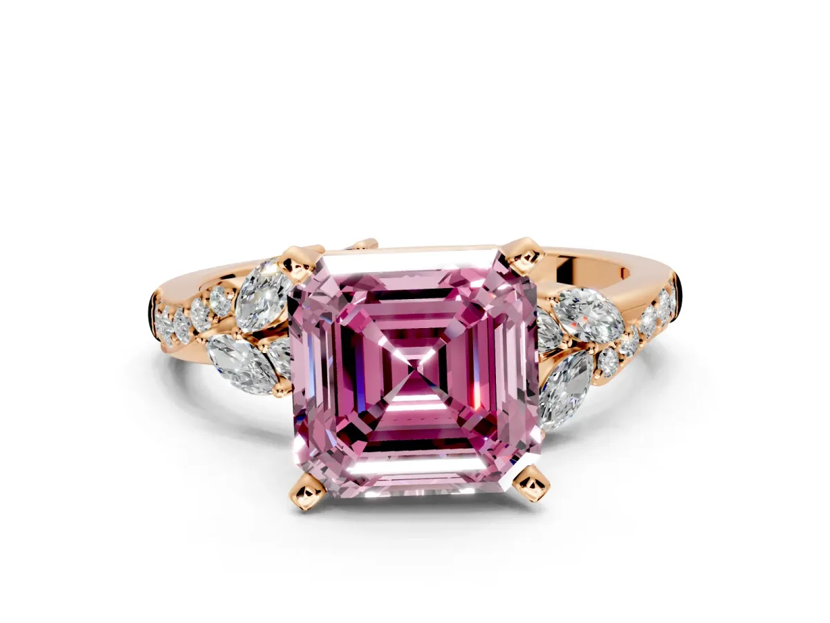Solitaire Engagement Ring Setting for Fancy Pink Asscher Cut Center with Marquise Accent Twist Band and Prong Head in Rose Gold
