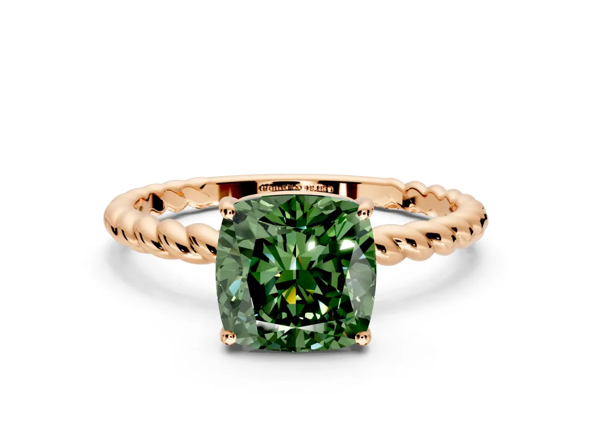 Solitaire Engagement Ring Setting for Fancy Green Cushion Cut Center with Plain Twisted Rope Band and Prong Head in Rose Gold
