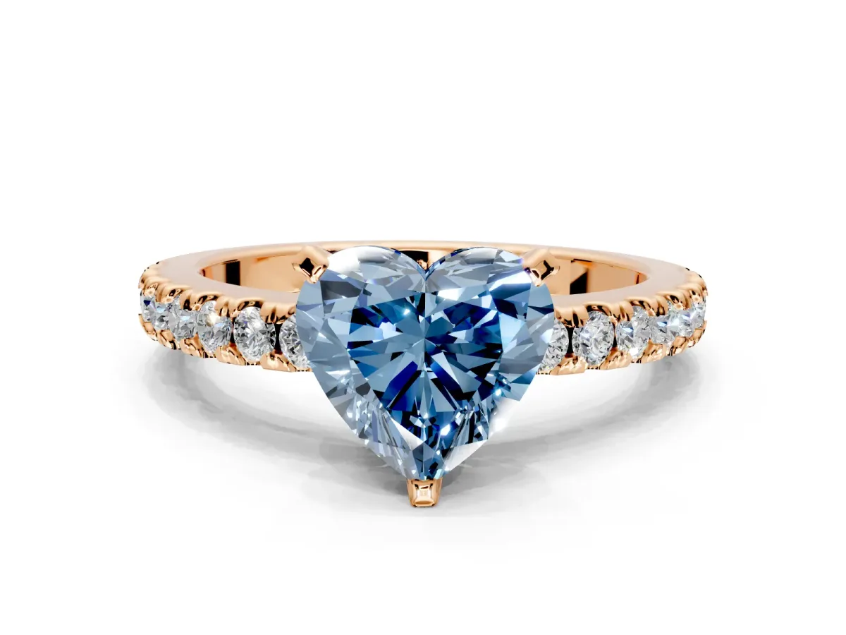 Solitaire Engagement Ring Setting for Fancy Blue Heart-Shaped Center with Single Row Accent Band and Prong Head in Rose Gold