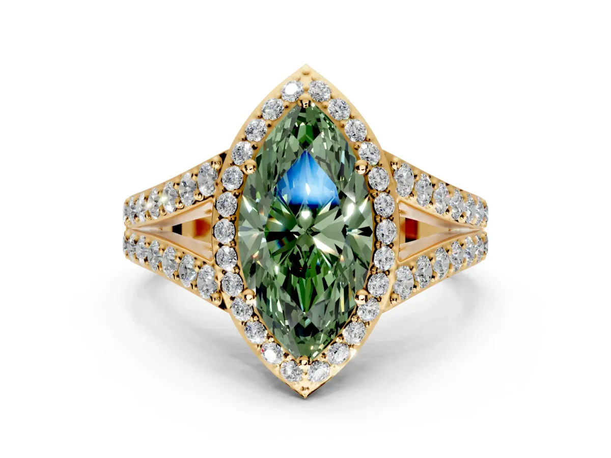 Halo Engagement Ring Setting for Fancy Green Marquise Center with Narrow Pave Split Shank and Prong Head in Yellow Gold