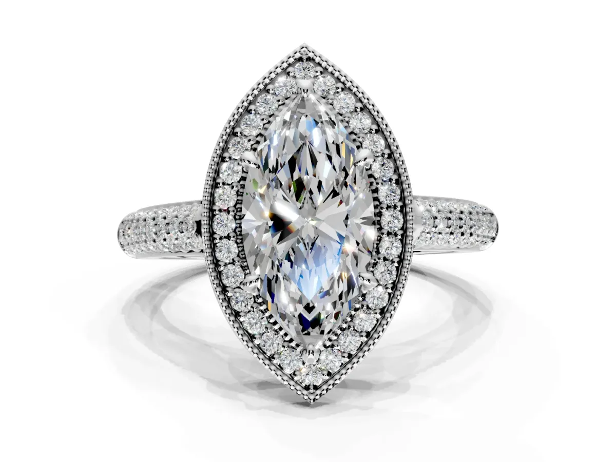 Milgrain Halo Engagement Ring Setting for Marquise Center with Three-Sided Pave Band and Prong Head in Platinum