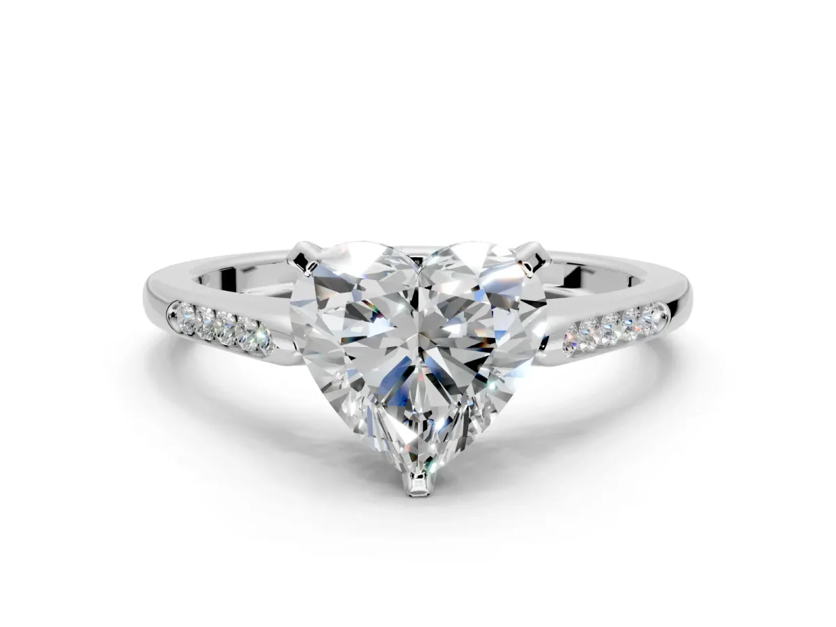 Solitaire Engagement Ring Setting for Heart-Shaped Center with Channel Accents and Prong Head in Sterling Silver