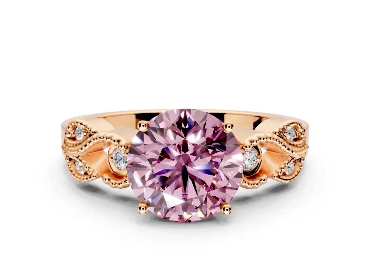 Leaf Engagement Ring Setting for Fancy Pink Round Cut Center with Milgrain Accent Band and Prong Head in Rose Gold