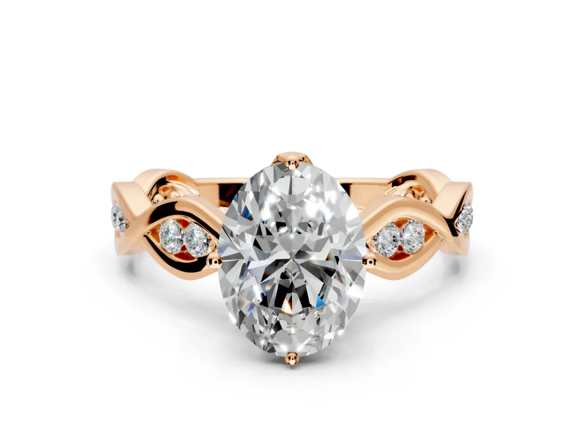 Solitaire Engagement Ring Setting for Oval Center with Accented Twist Band and Leaf Prong Head in Rose Gold