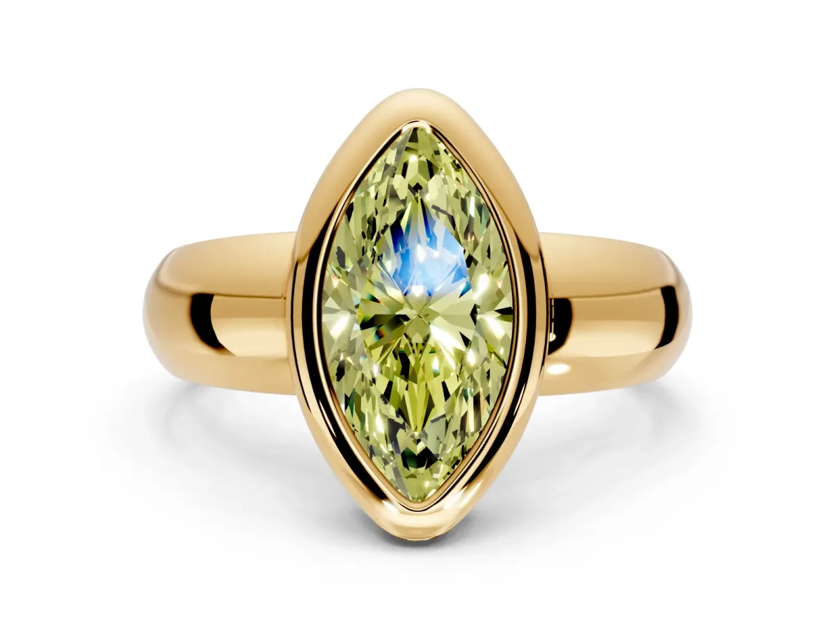 Solitaire Engagement Ring Setting for Fancy Yellow Marquise Center with Wide Band and Bezel Head in Yellow Gold
