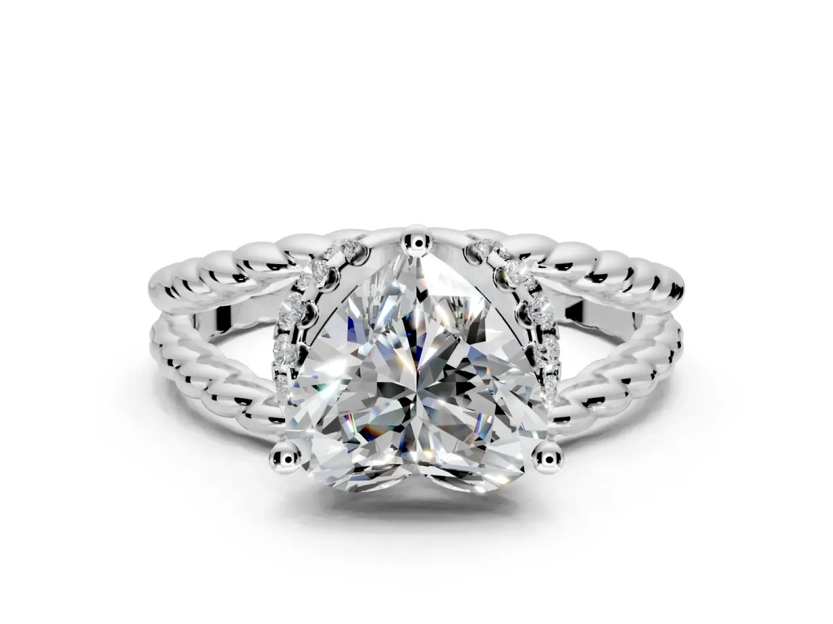 Halo Engagement Ring Setting for Heart-Shaped Center with Rope Twist Split Shank and Prong Head in Platinum