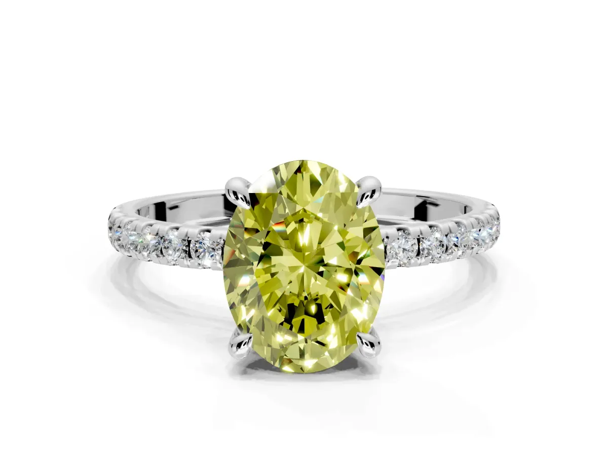 Solitaire Engagement Ring Setting for Fancy Yellow Oval Center with Fine Pave Narrow Band and Prong Head in White Gold