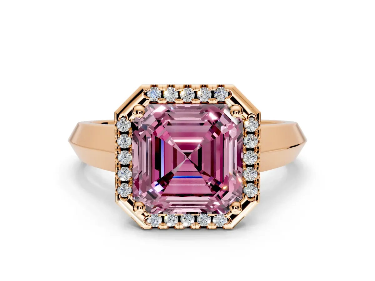Halo Engagement Ring Setting for Fancy Pink Asscher Cut Center with Knife Ridge Cathedral Band and Prong Head in Rose Gold