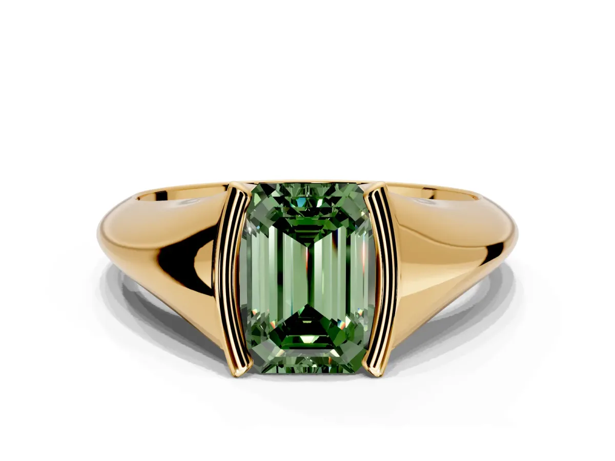 Tension Engagement Ring Setting for Fancy Green Emerald Cut Center with Wide Tapered Band and Tension Head in Yellow Gold
