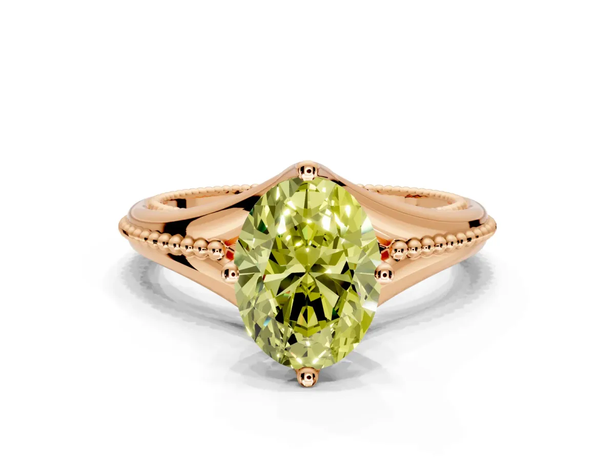 Solitaire Engagement Ring Setting for Fancy Yellow Oval Center with Milgrain Cathedral Band and Prong Head in Rose Gold