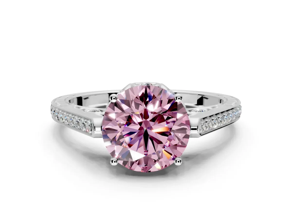 Cathedral Engagement Ring Setting for Fancy Pink Round Cut Center with Antique-Style Pave Band and Prong Head in White Gold