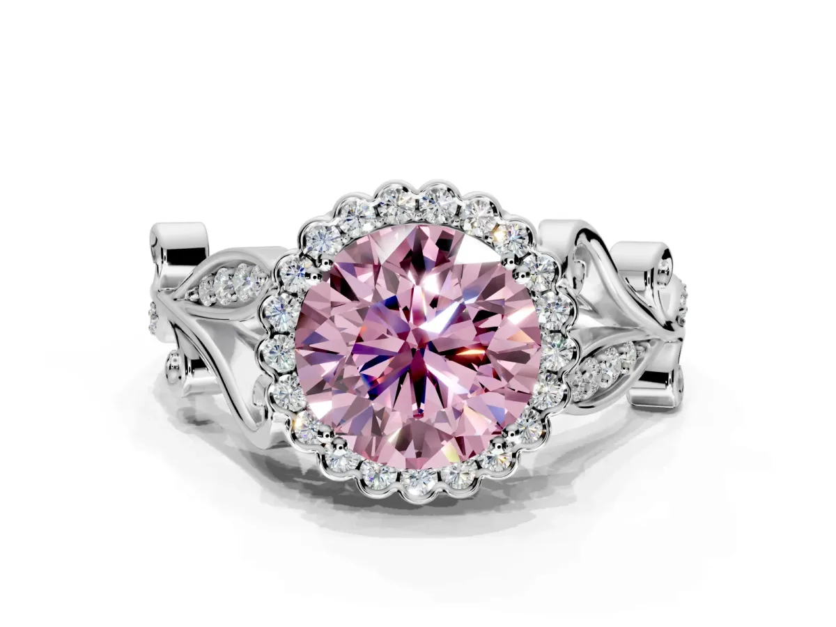 Halo Engagement Ring Setting for Fancy Pink Round Cut Center with Leaf Motif Split Shank and Prong Head in Sterling Silver