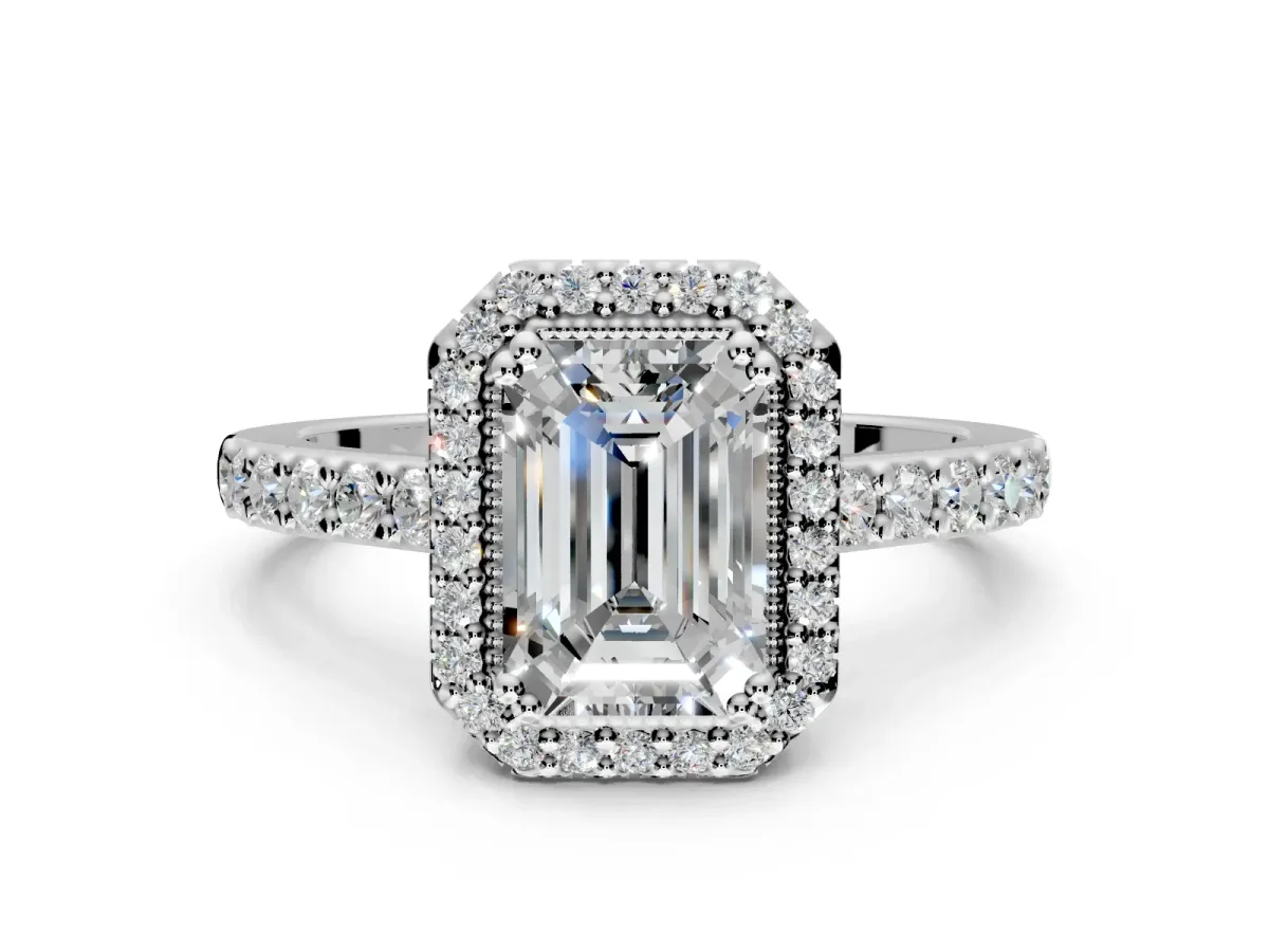 Halo Engagement Ring Setting for Emerald Cut Center with Inner Milgrain Border and Prong Head in Sterling Silver