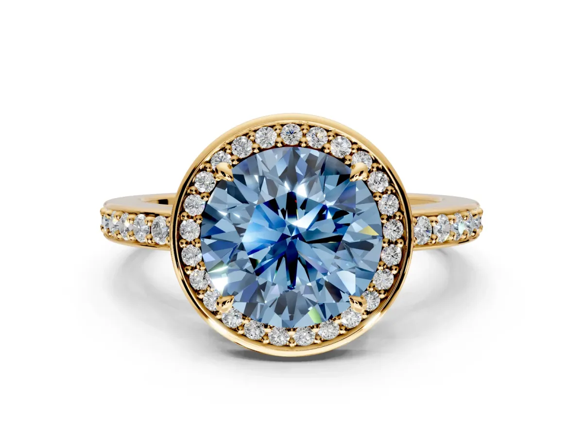 Halo Engagement Ring Setting for Fancy Blue Round Cut Center with Metal-Rimmed Halo, Pave Band and Prong Head in Yellow Gold
