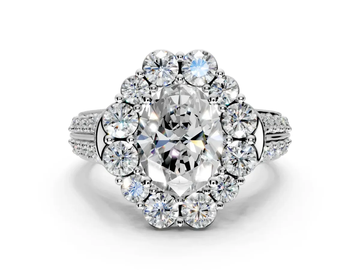 Large Accent Halo Engagement Ring Setting for Oval Center with Pave Split Shank and Prong Head in Platinum