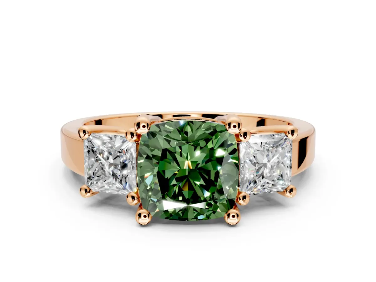 3 Stone Engagement Ring Setting for Fancy Green Cushion Cut Center with Matching Side Accents and Prong Head in Rose Gold