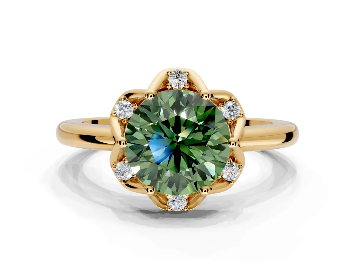 Floral Frame Engagement Ring Setting for Fancy Green Round Cut Center with Accent Clusters and Prong Head in Yellow Gold